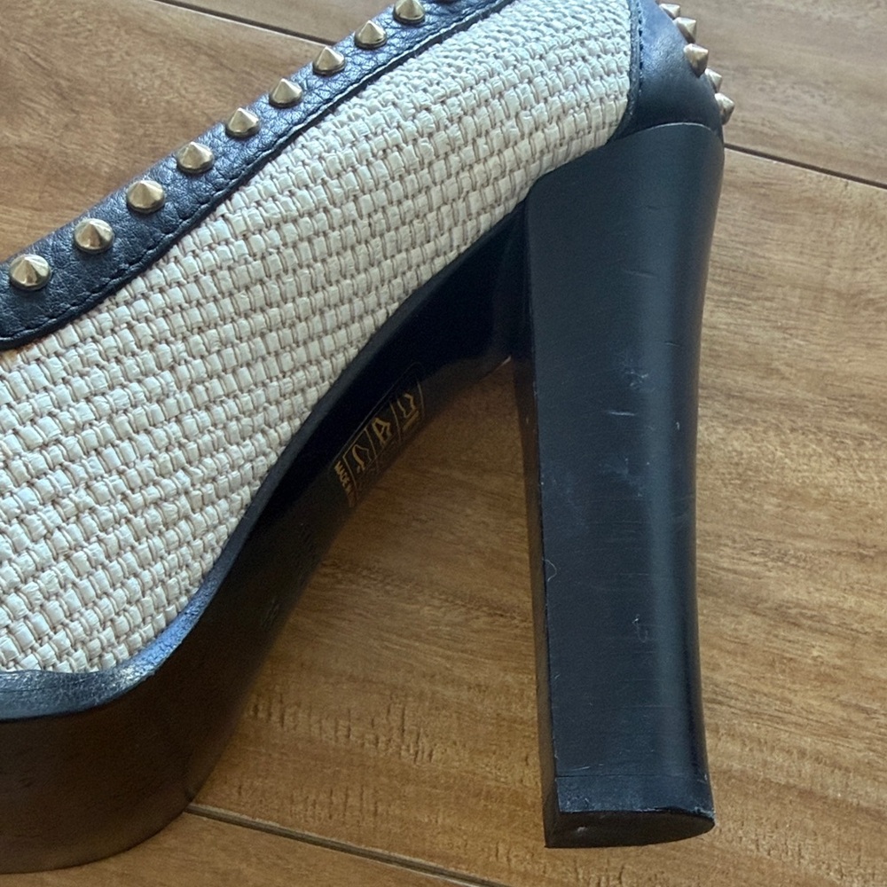 Gucci Black/Cream Leather and Straw Studded Horsebit Alyssa Loafer Pumps Size 38 - Picture 4 of 10
